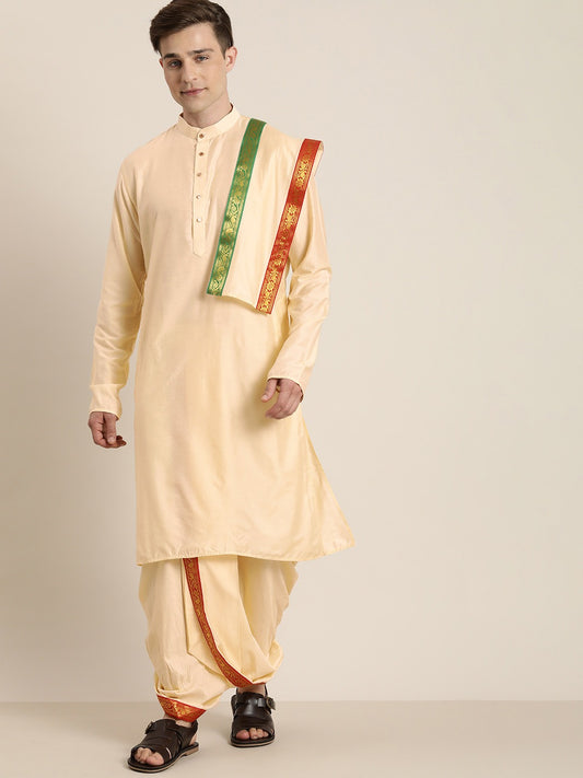 Men's Gold Viscose Straight Kurta Dhoti And Dupatta Set
