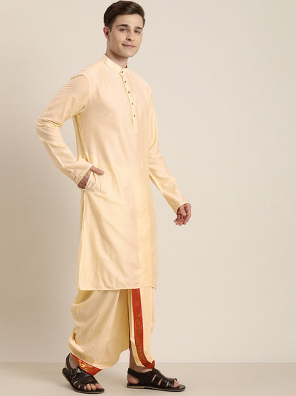 Men's Gold Viscose Straight Kurta Dhoti And Dupatta Set