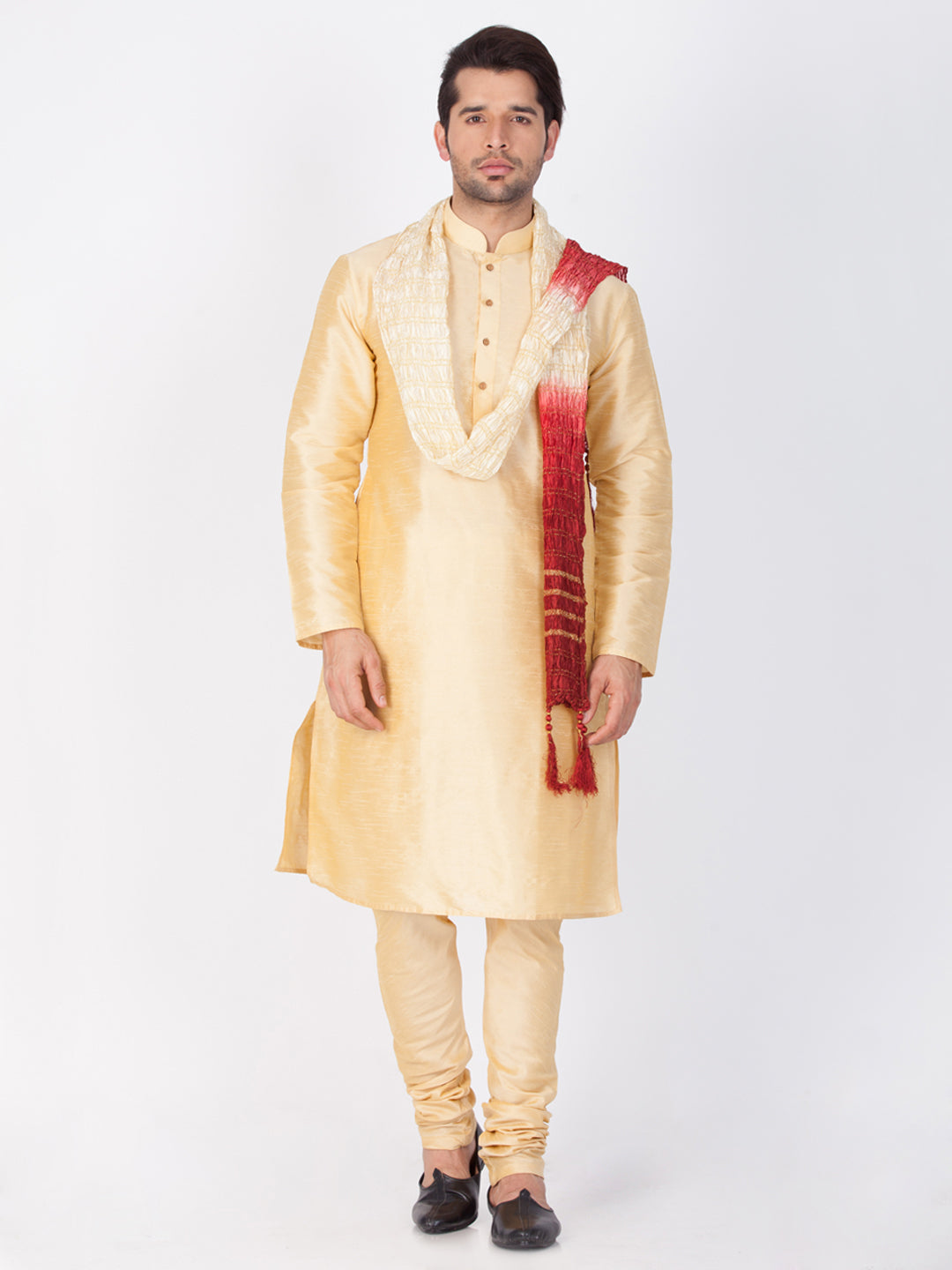 Men's Beige And Maroon Silk Blend Straight Dupatta