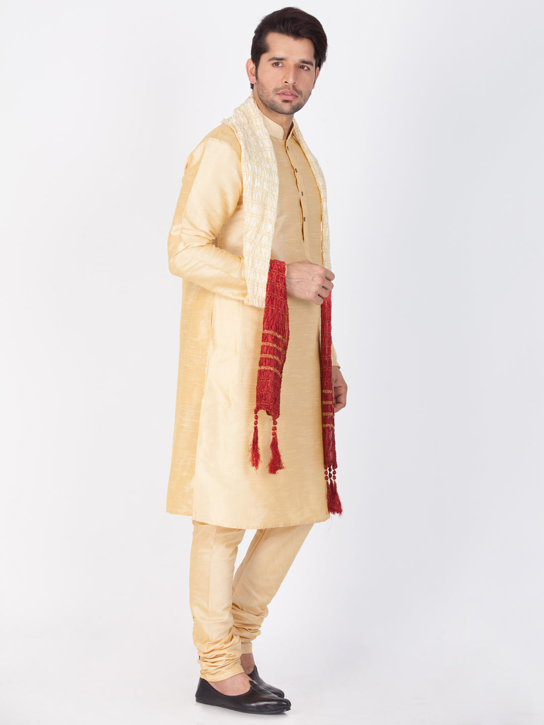 Men's Beige And Maroon Silk Blend Straight Dupatta