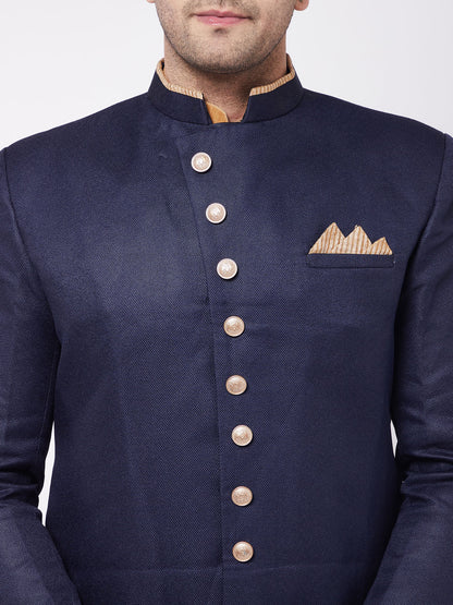 Men's Navy blue Silk Blend Angrakha Sherwani Set