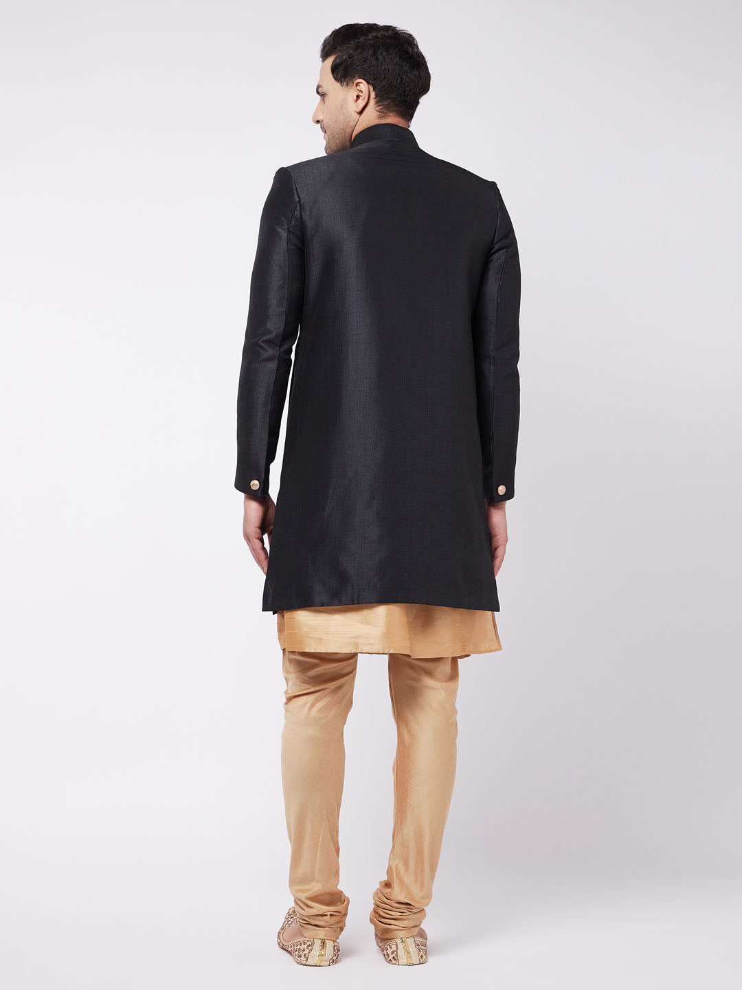 Men's Black Silk Blend Angrakha Sherwani Set
