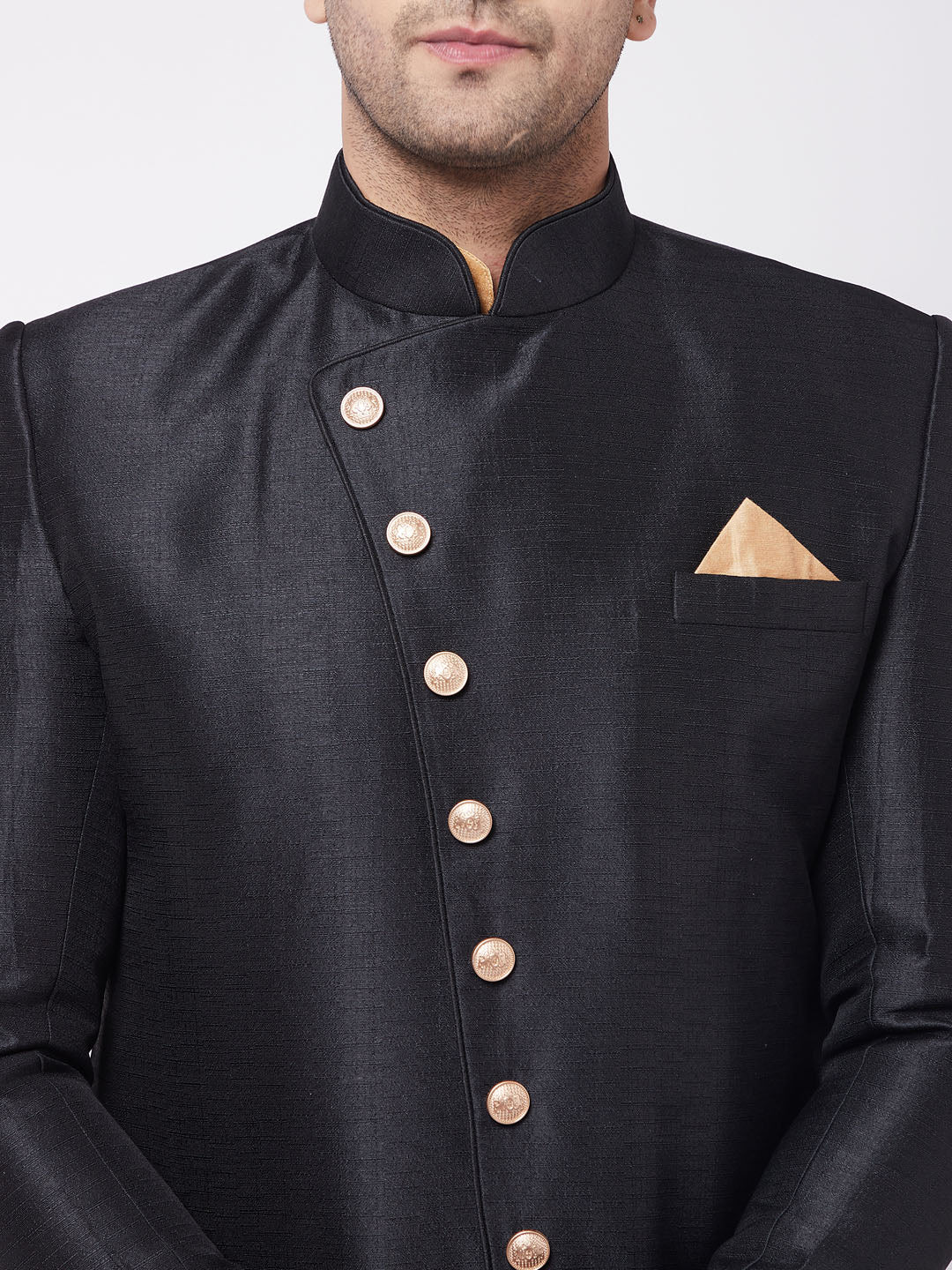 Men's Black Silk Blend Angrakha Sherwani Set
