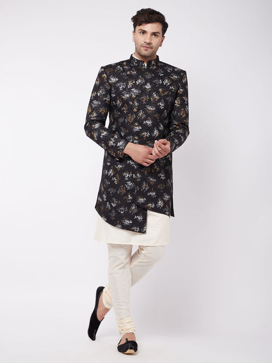 Men's Cream Viscose Asymmetric Sherwani Set