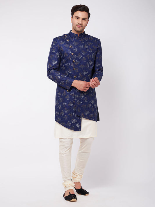 Men's Cream Viscose Asymmetric Sherwani Set