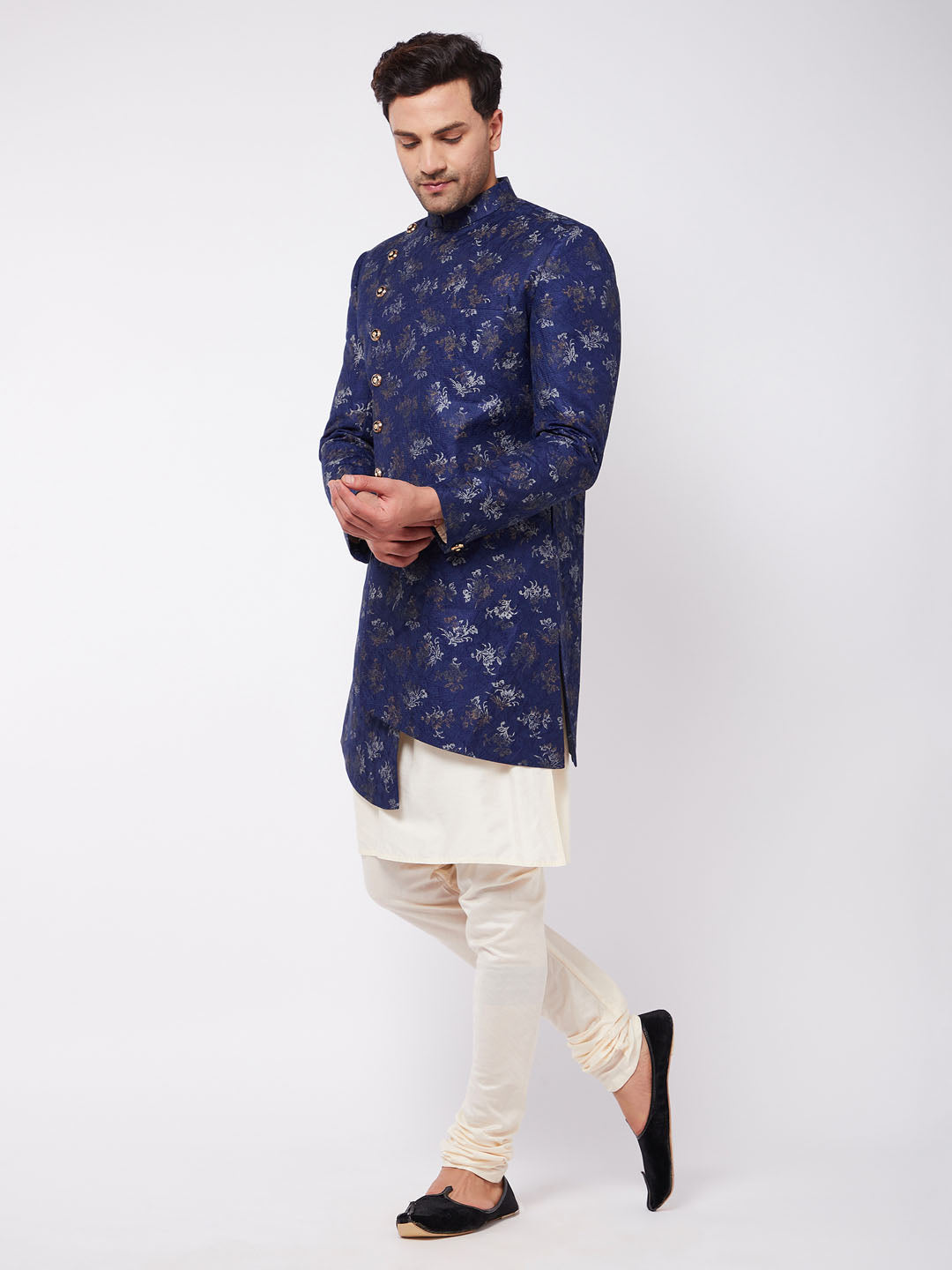 Men's Cream Viscose Asymmetric Sherwani Set