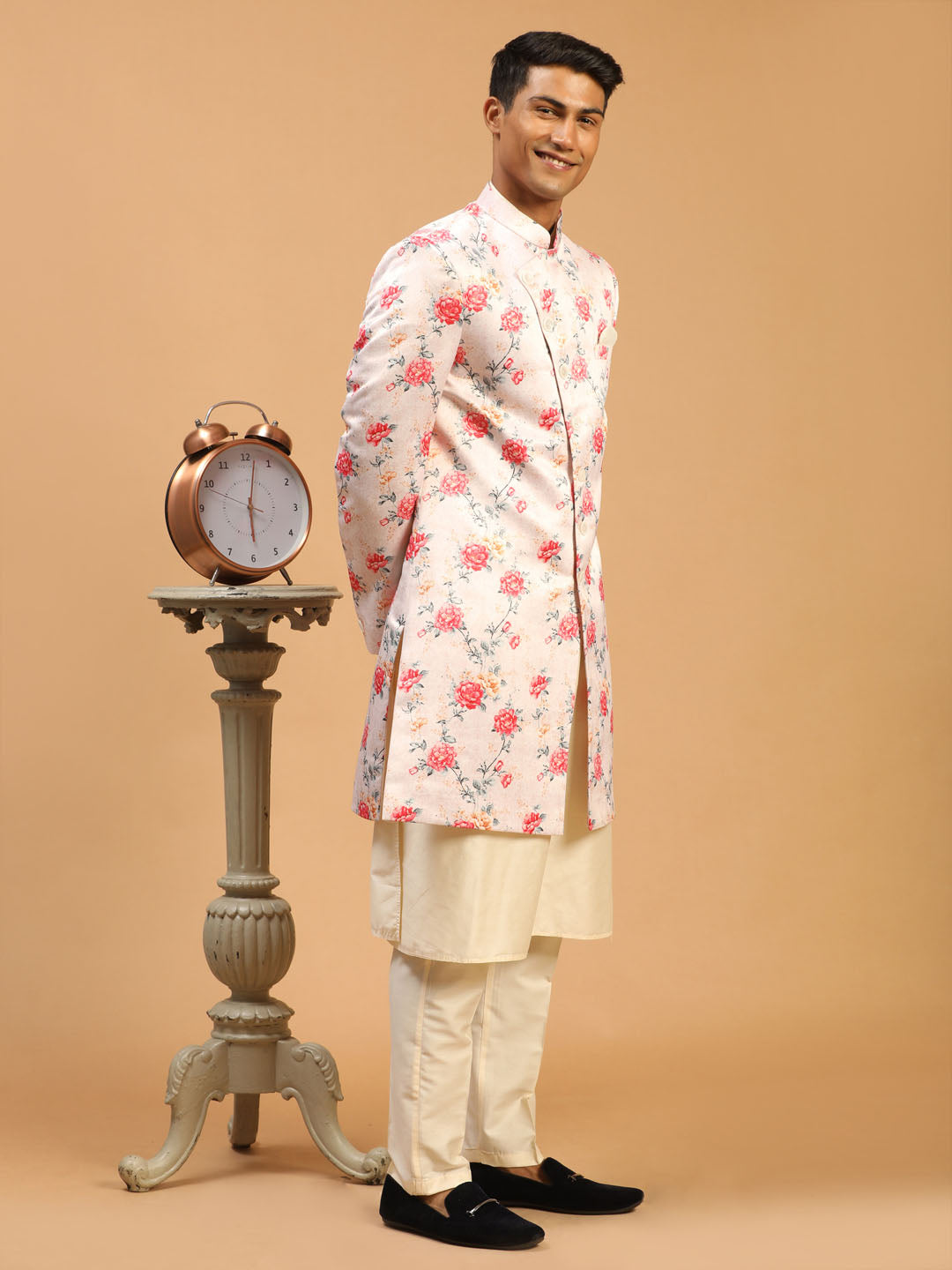 Men's Cream Silk Blend Straight Sherwani Set