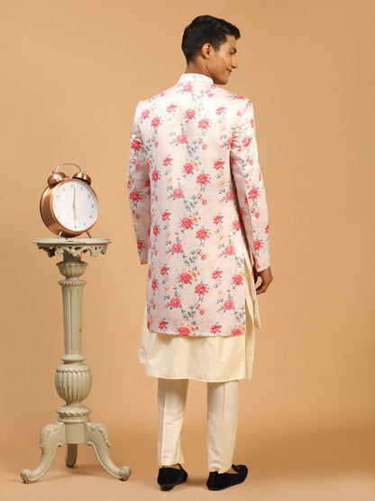 Men's Cream Silk Blend Straight Sherwani Set