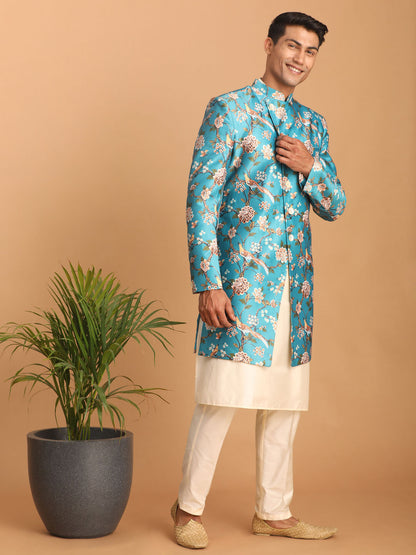 Men's Cream Silk Blend Straight Sherwani Set