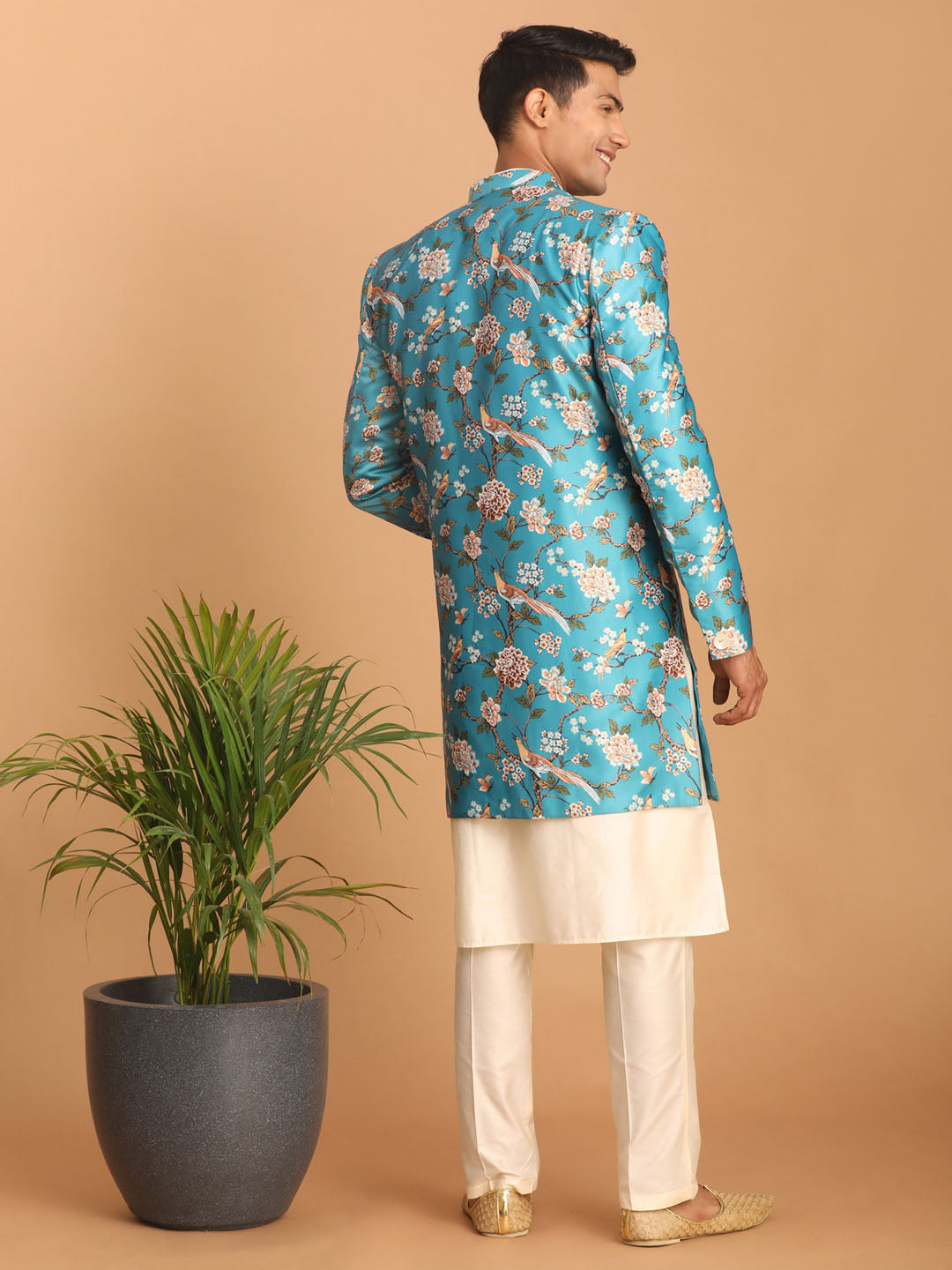 Men's Cream Silk Blend Straight Sherwani Set