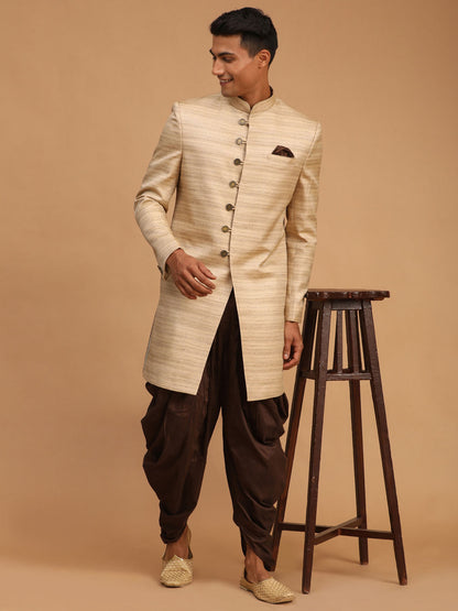 Men's Beige Silk Blend Straight Sherwani Set