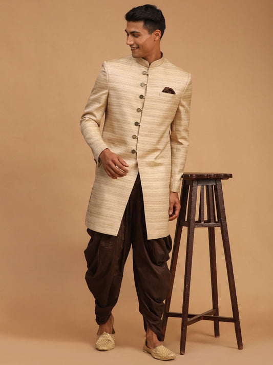 Men's Beige Silk Blend Straight Sherwani Set