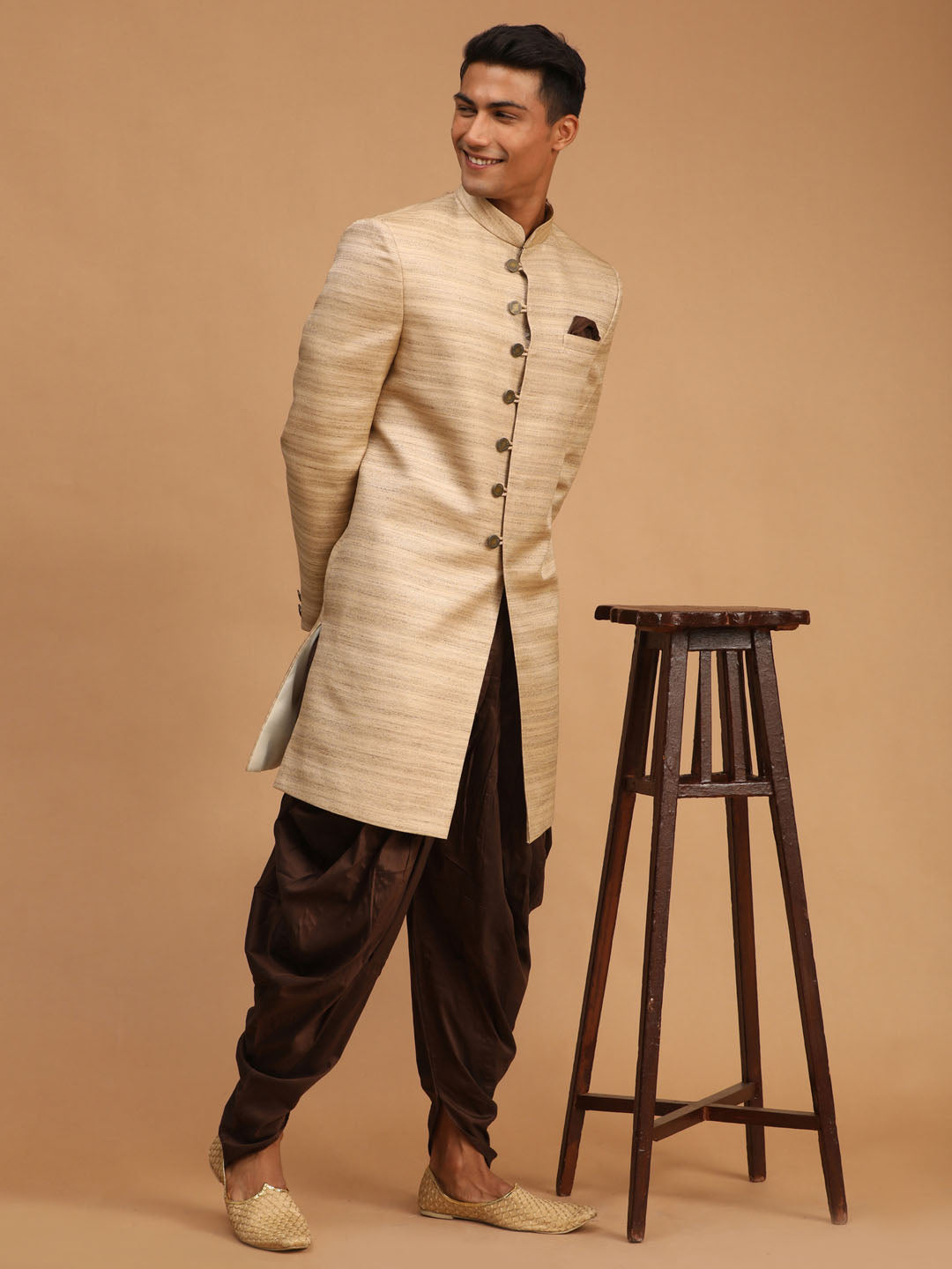 Men's Beige Silk Blend Straight Sherwani Set