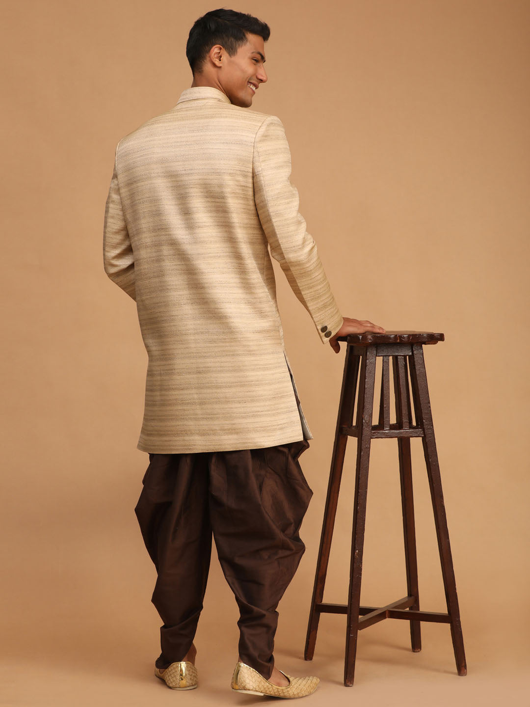 Men's Beige Silk Blend Straight Sherwani Set