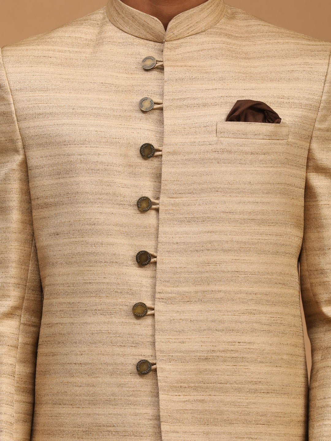 Men's Beige Silk Blend Straight Sherwani Set