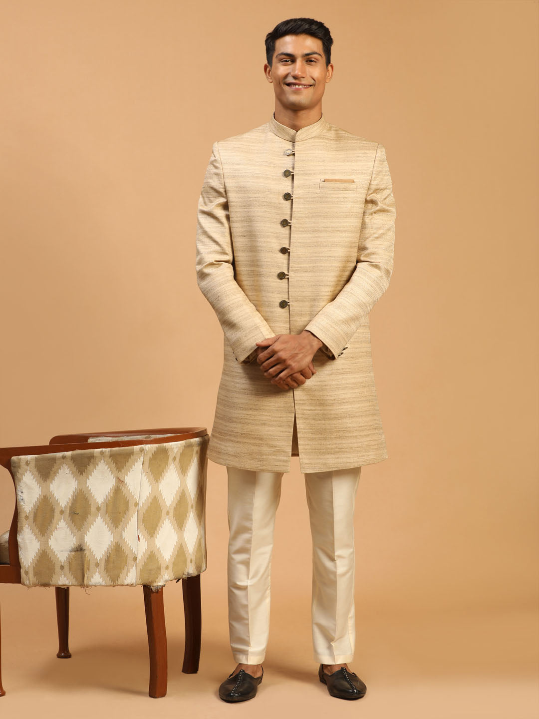 Men's Beige Silk Blend Straight Sherwani Set