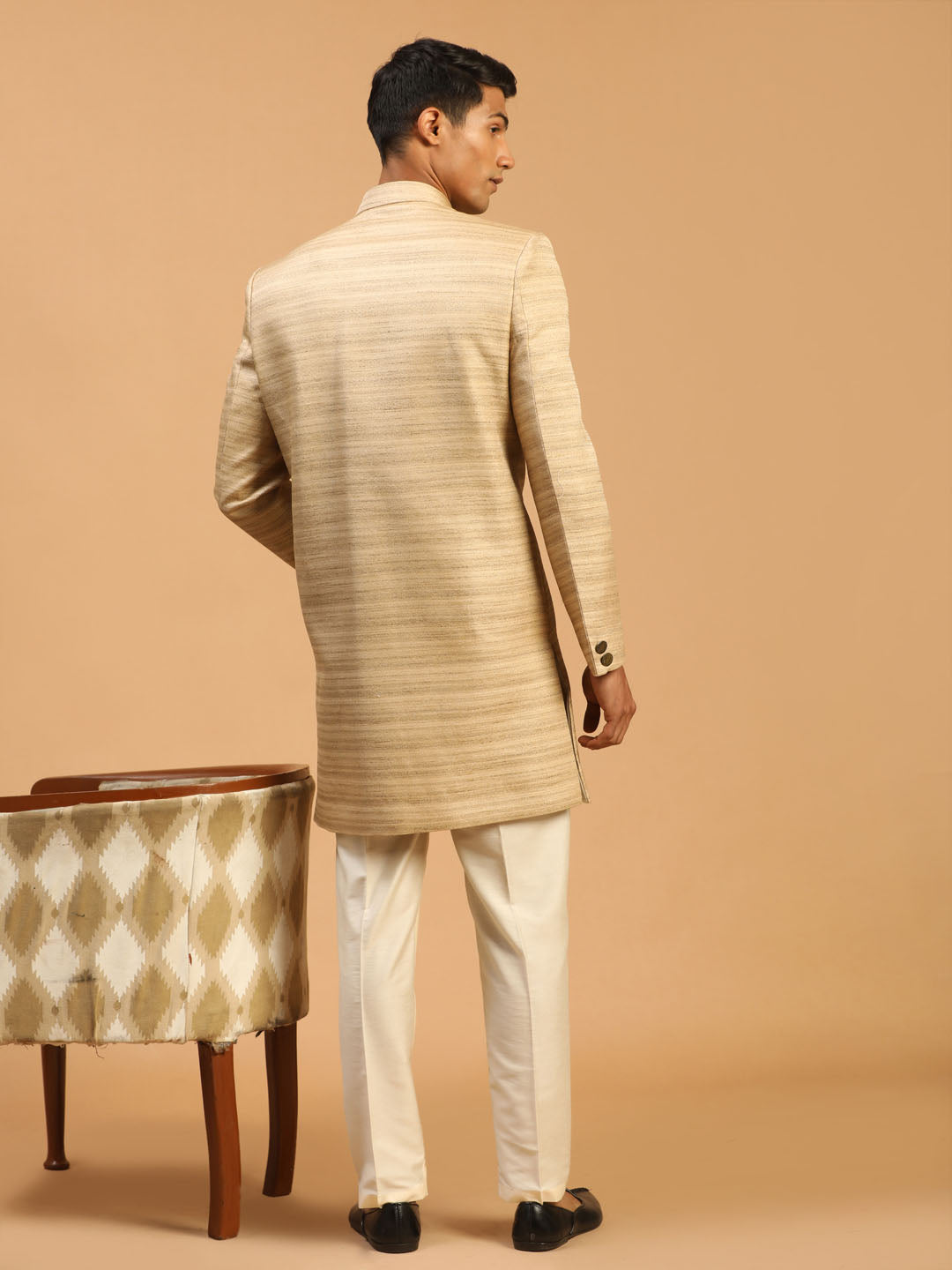 Men's Beige Silk Blend Straight Sherwani Set