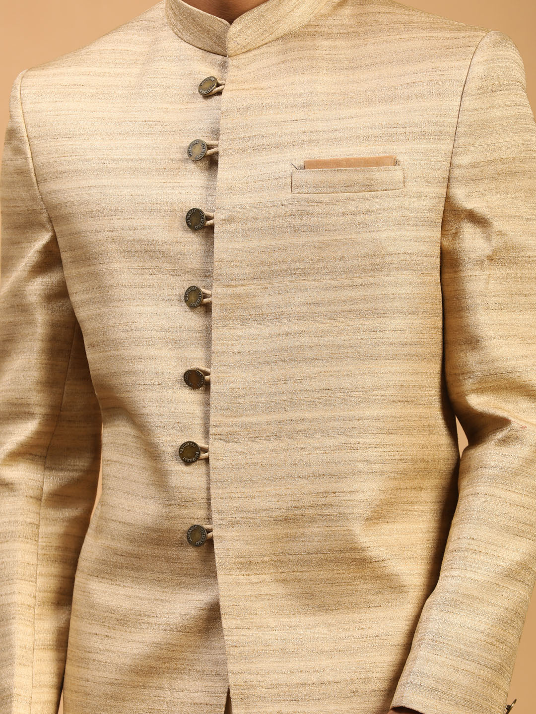 Men's Beige Silk Blend Straight Sherwani Set