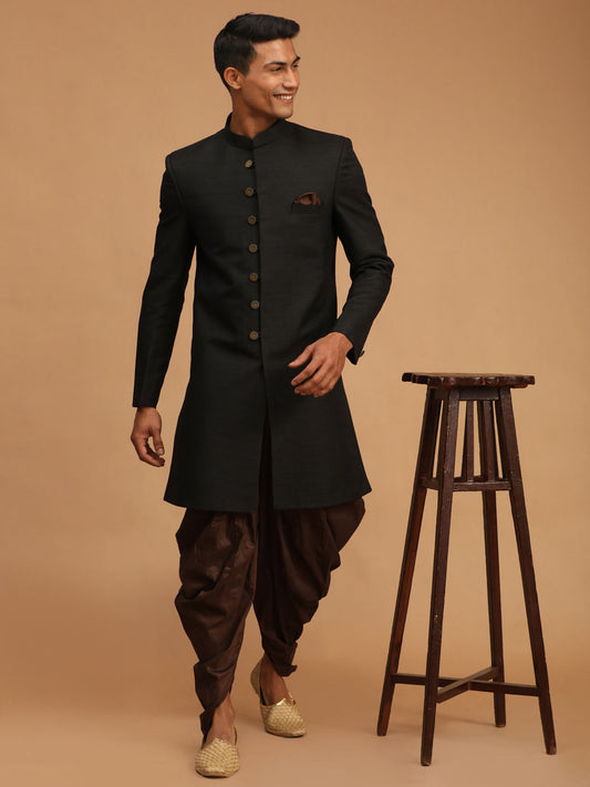 Men's Black Silk Blend Straight Sherwani Set