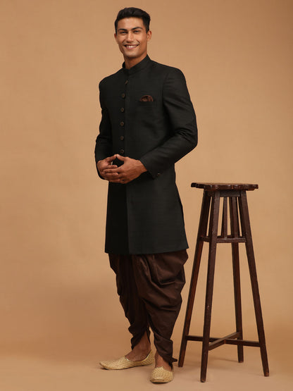 Men's Black Silk Blend Straight Sherwani Set