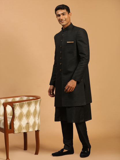Men's Black Viscose Straight Sherwani Set
