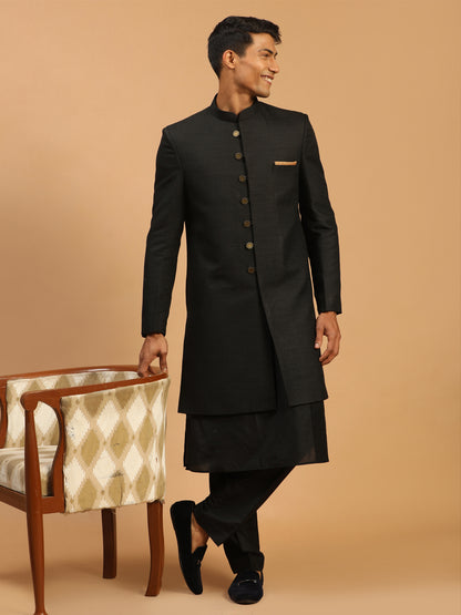 Men's Black Viscose Straight Sherwani Set