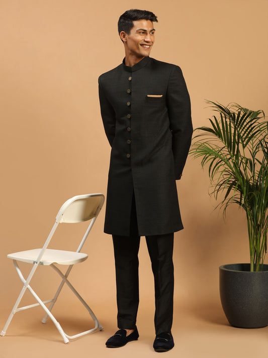 Men's Black Silk Blend Straight Sherwani Set