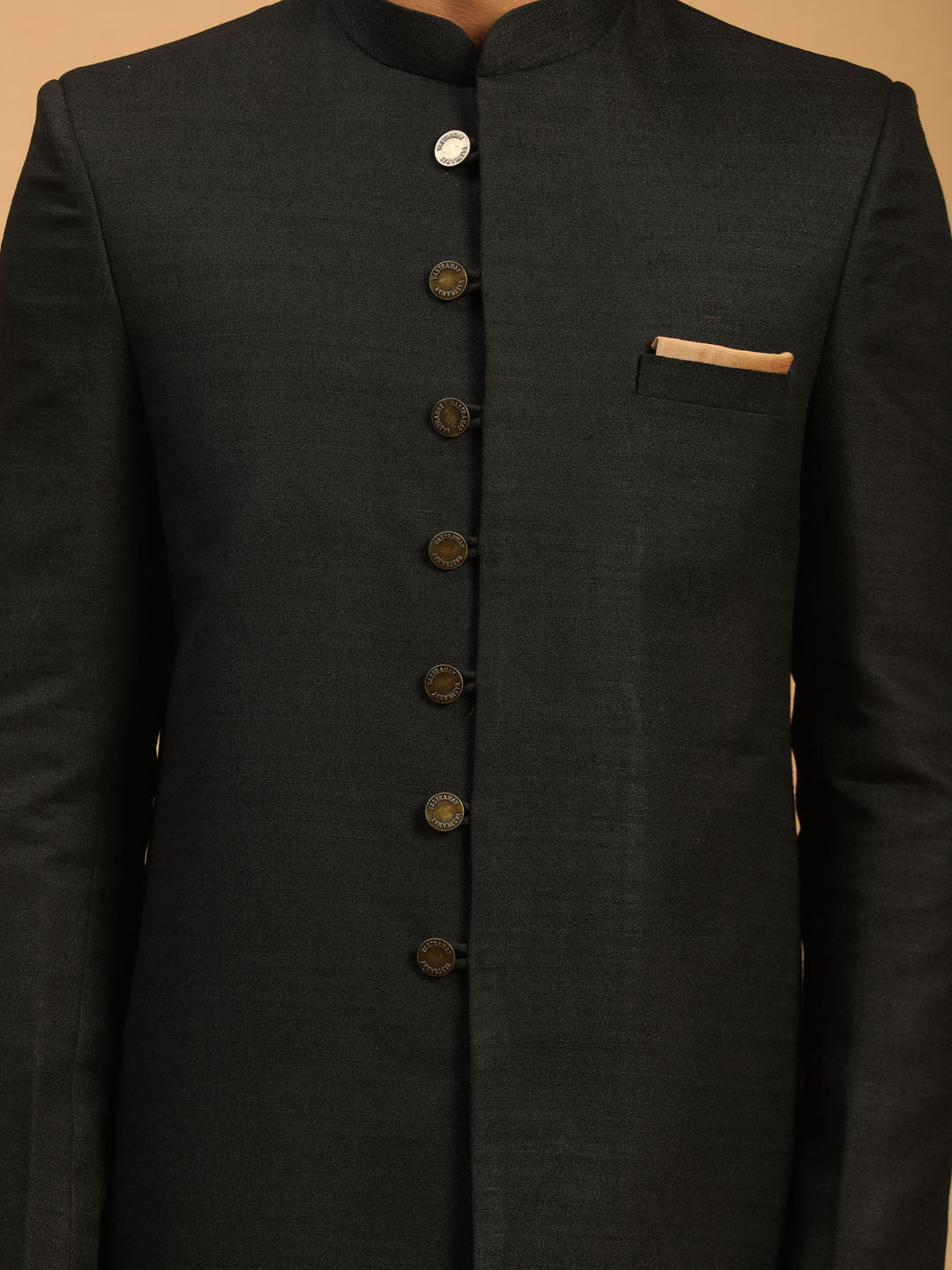 Men's Black Silk Blend Straight Sherwani Set