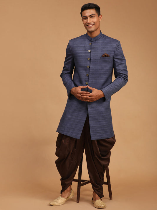Men's Navy Blue Silk Blend Straight Sherwani Set