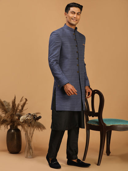 Men's Black Viscose Straight Sherwani Set