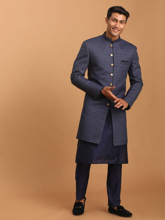 Men's Navy Blue Cotton Blend Straight Sherwani Set