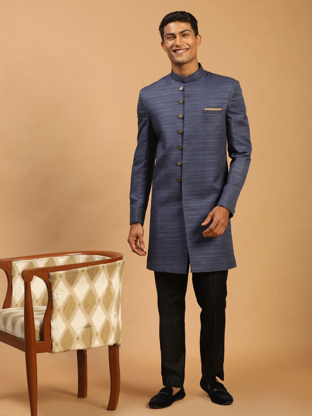 Men's Navy Blue Silk Blend Straight Sherwani Set