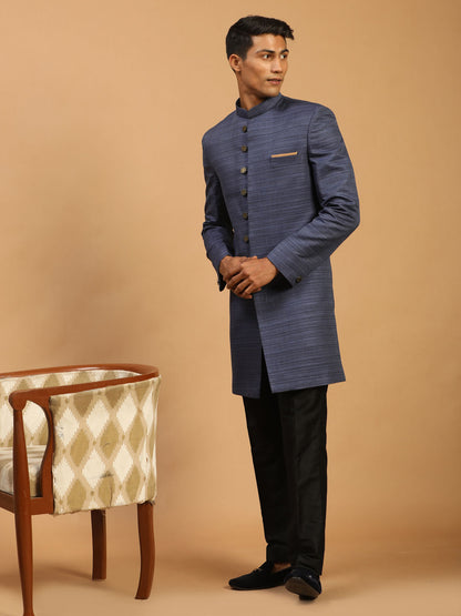 Men's Navy Blue Silk Blend Straight Sherwani Set