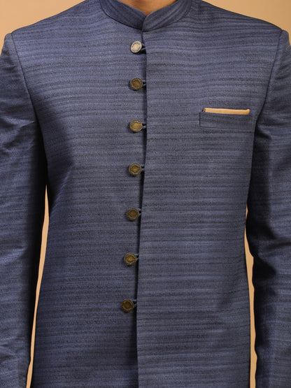 Men's Navy Blue Silk Blend Straight Sherwani Set