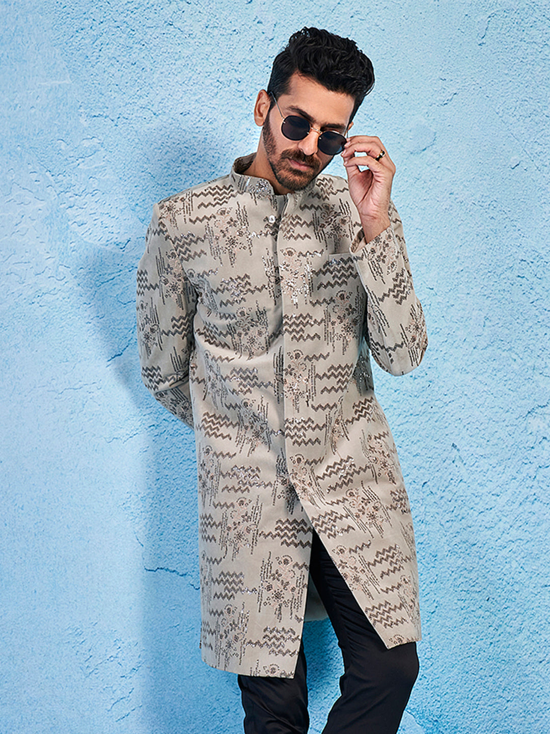Men's Chiku Velvet Straight Sherwani Only Top