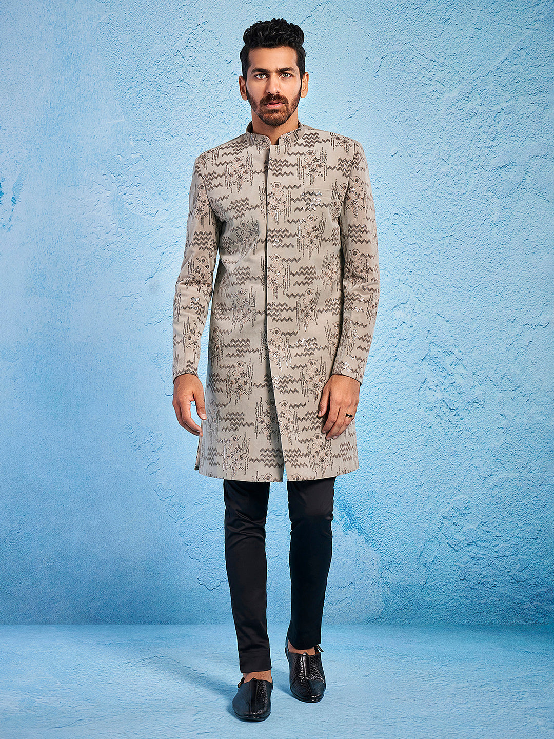 Men's Chiku Velvet Straight Sherwani Set
