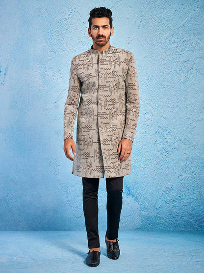 Men's Chiku Velvet Straight Sherwani Set