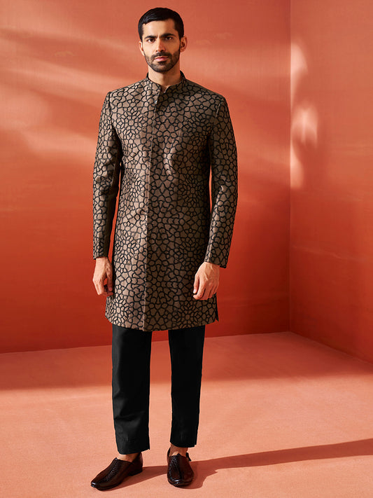 Men's Coffee Silk Blend Straight Sherwani Set