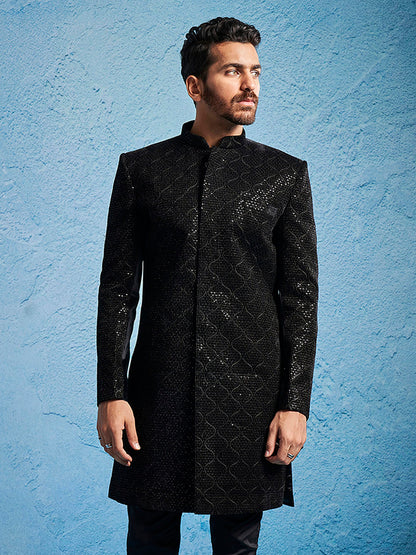 Men's Black Velvet Straight Sherwani Only Top