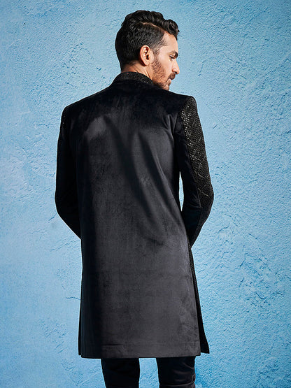 Men's Black Velvet Straight Sherwani Only Top
