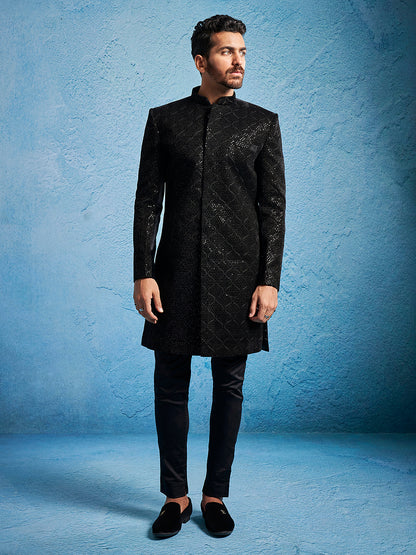 Men's Black Velvet Straight Sherwani Set