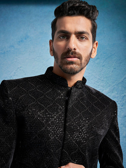 Men's Black Velvet Straight Sherwani Set