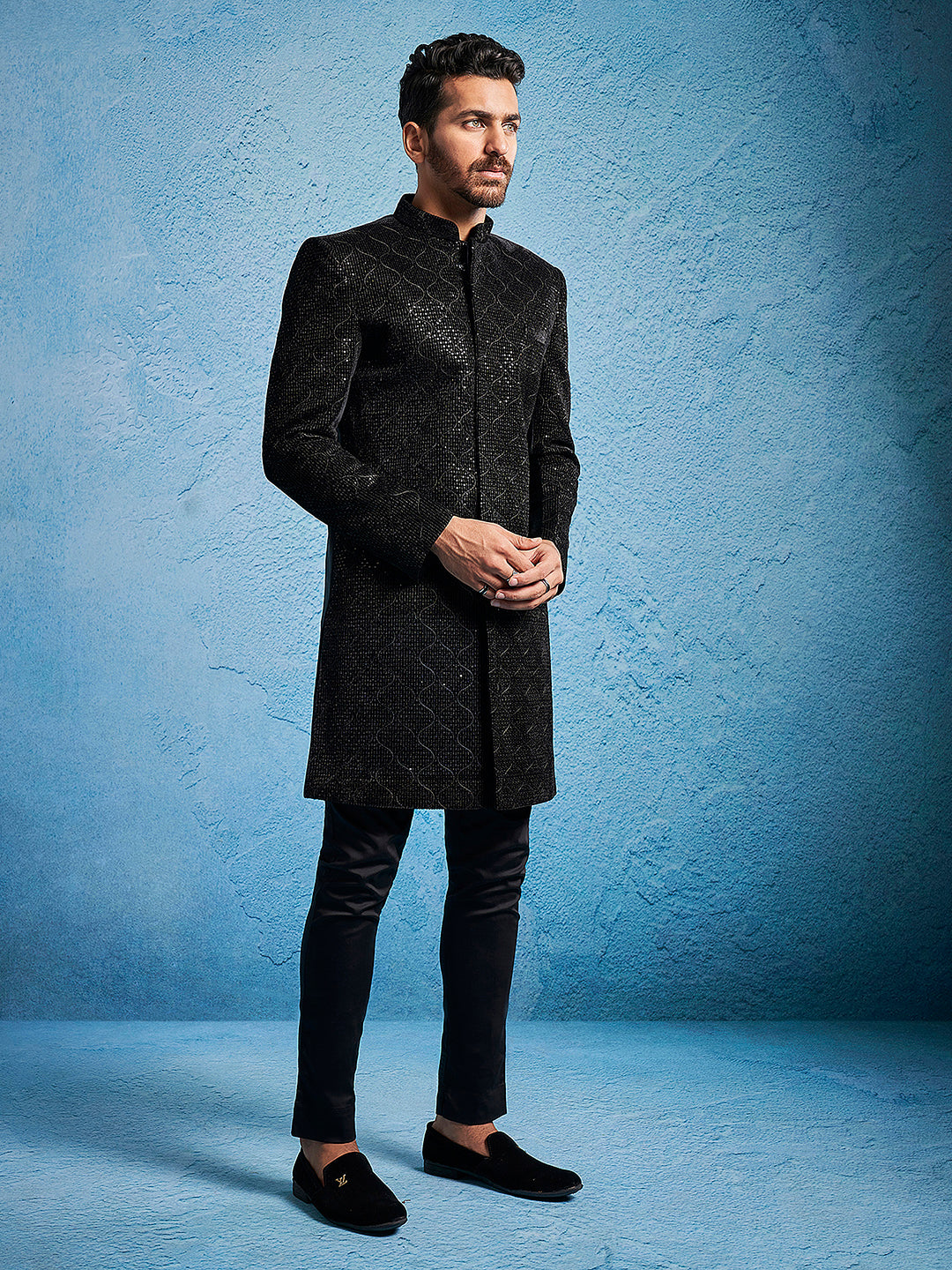 Men's Black Velvet Straight Sherwani Set
