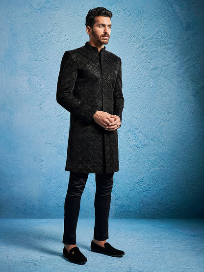 Men's Black Velvet Straight Sherwani Set