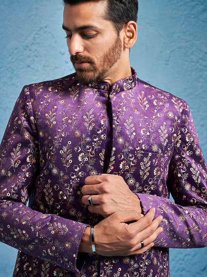 Men's Purple Velvet Straight Sherwani Set