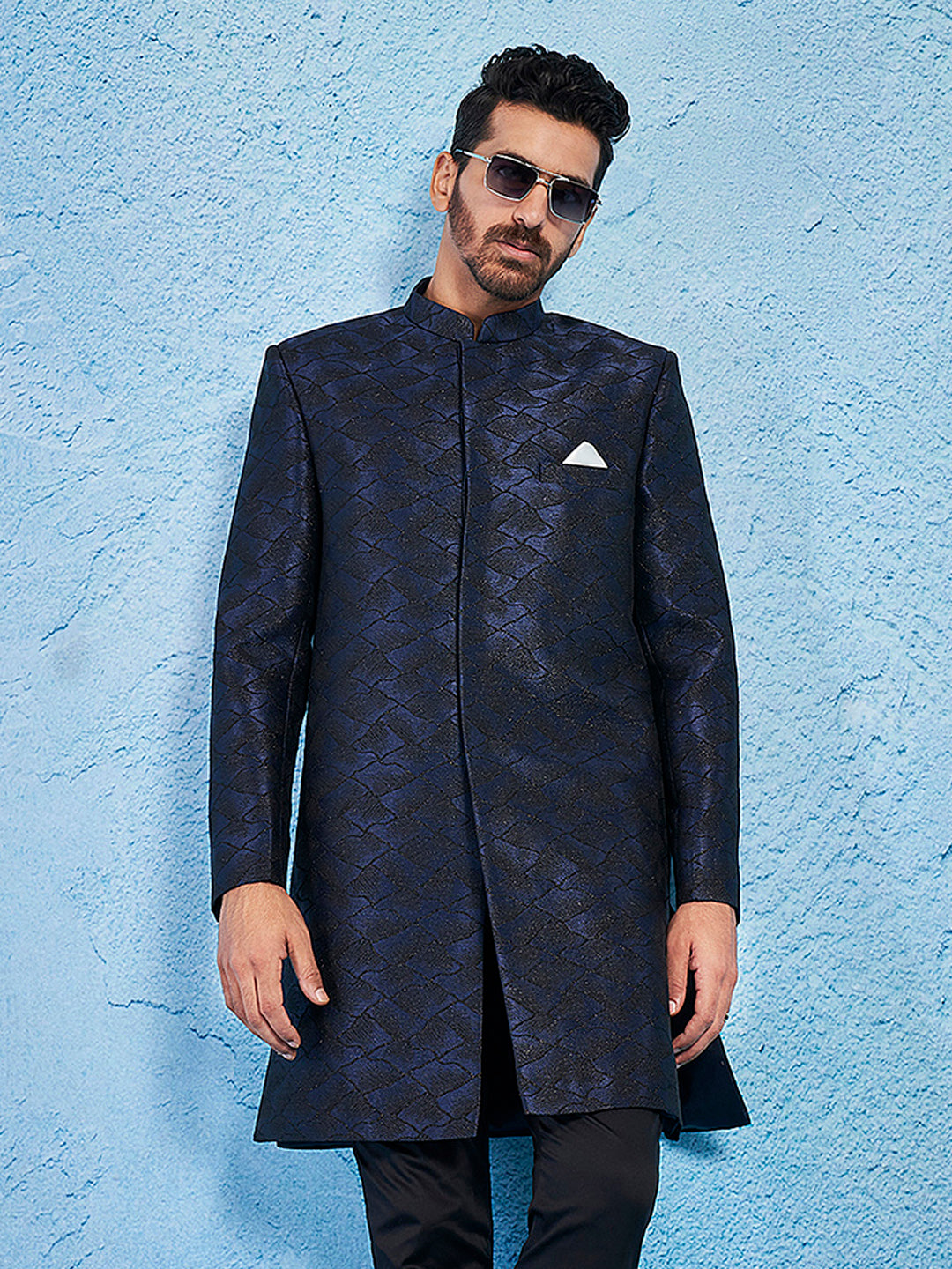 Men's Navy Blue Silk Blend Straight Sherwani Only Top