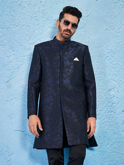 Men's Navy Blue Silk Blend Straight Sherwani Only Top