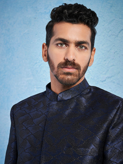 Men's Navy Blue Silk Blend Straight Sherwani Only Top
