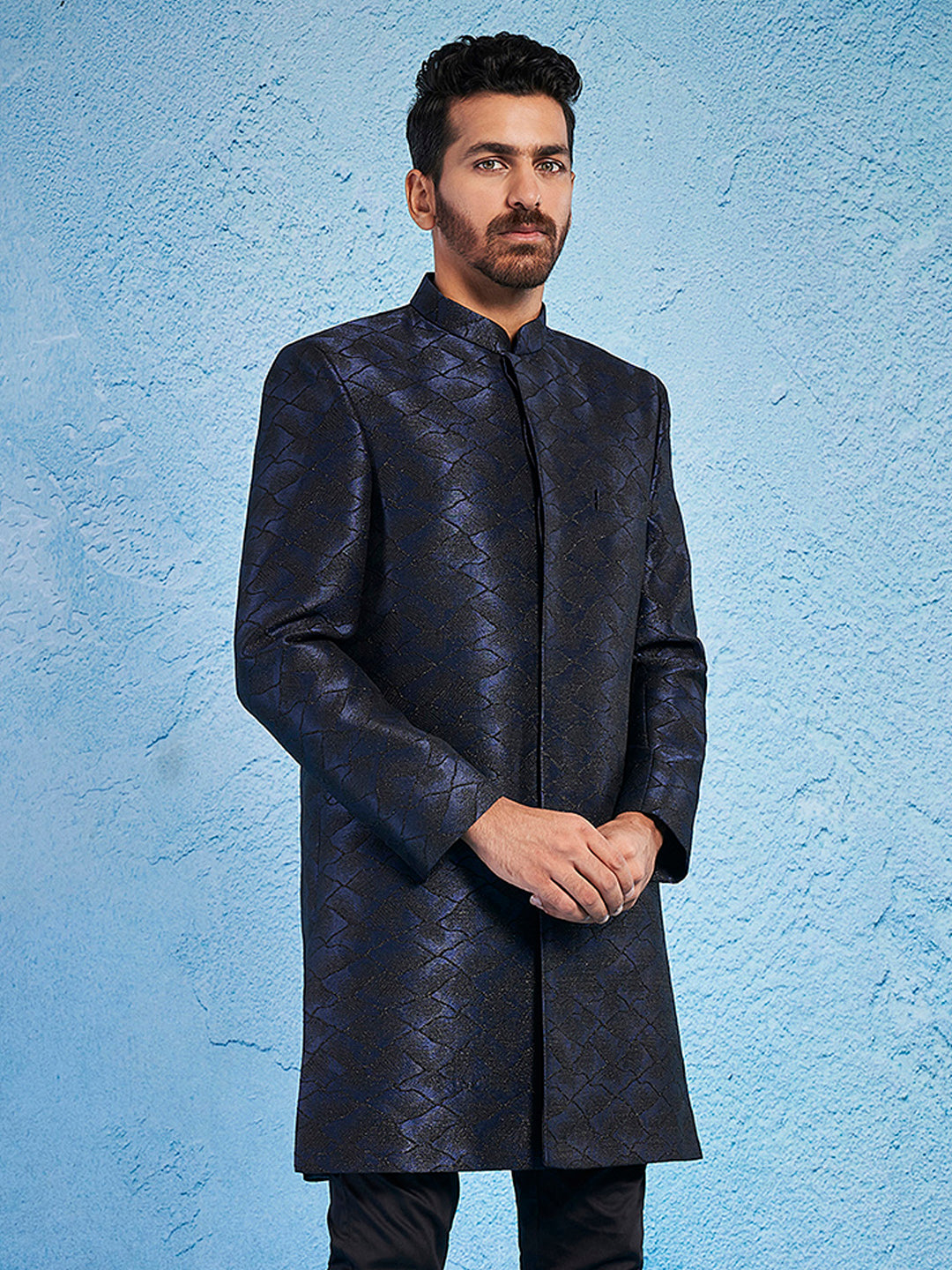 Men's Navy Blue Silk Blend Straight Sherwani Only Top