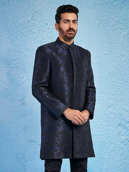 Men's Navy Blue Silk Blend Straight Sherwani Only Top